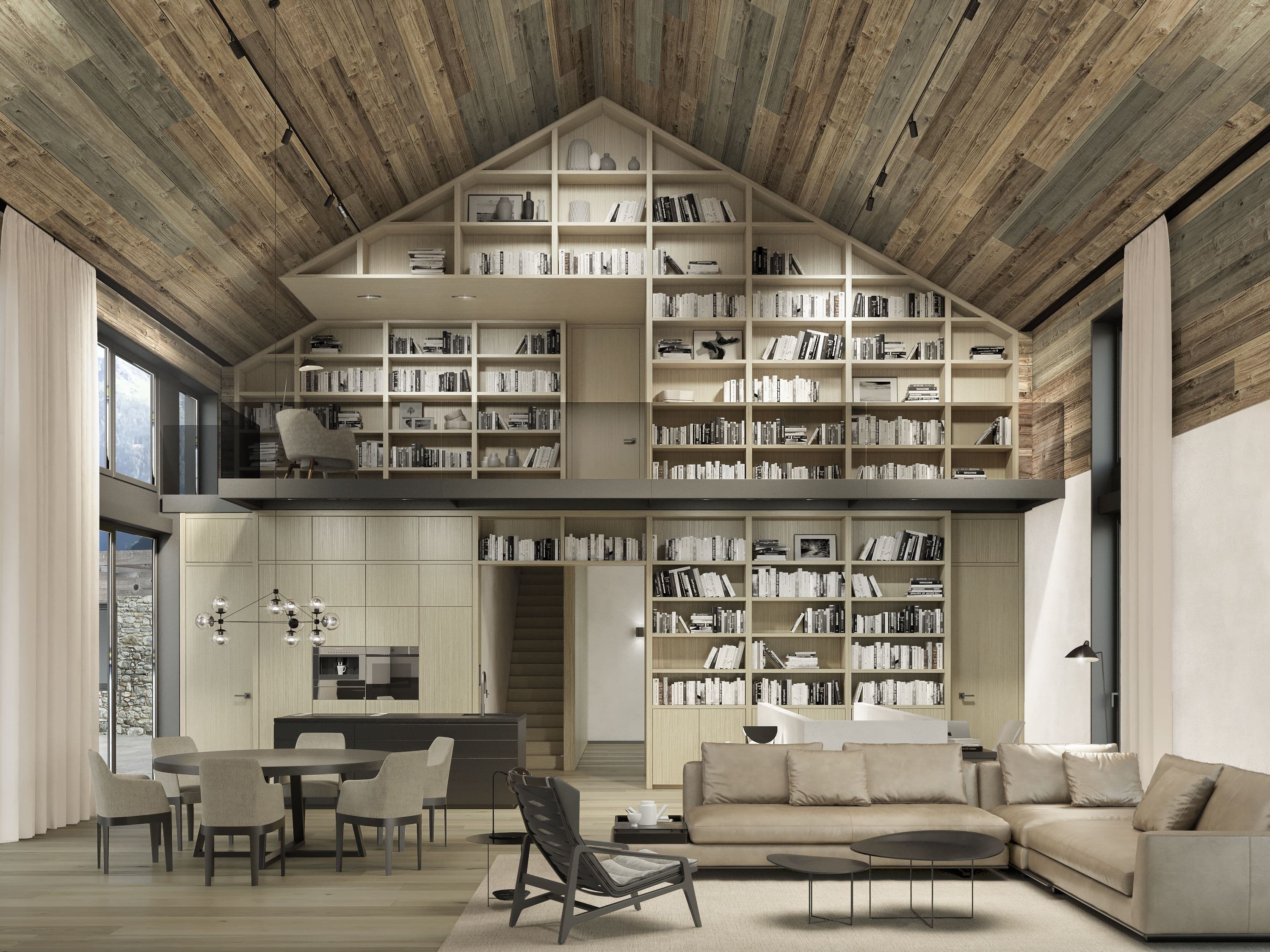 Entwurfsrendering eines privaten Wohnhauses in Tirol mit zweigeschossiger Bibliothekswand unter Satteldach, offenem Wohn- und Essbereich, Galerie und gealterter Holzdecke, Konzept und Innenarchitektur Susanne Philippson