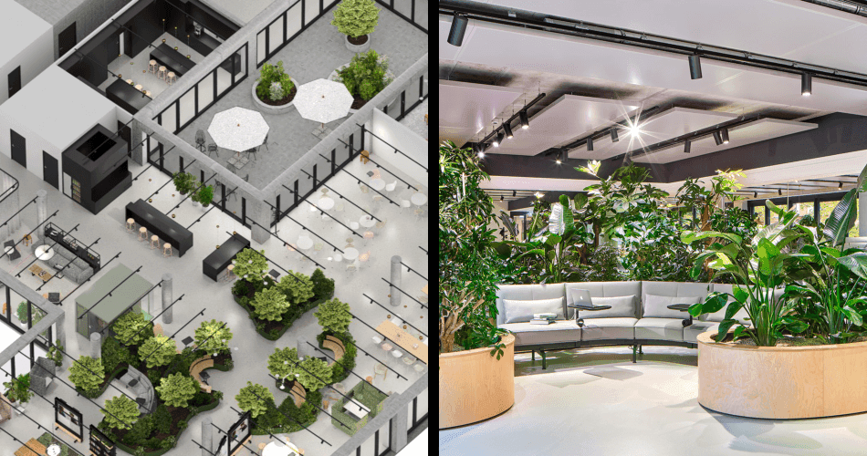Isometrisches Entwurfsrendering des Merantix Campus Berlin mit biophi­lem Marktplatzbereich, Begrünung, Arbeits- und Loungezonen sowie verglasten Büroeinheiten, Lichtdesign und Konzept Innenarchitektur Susanne Philippson