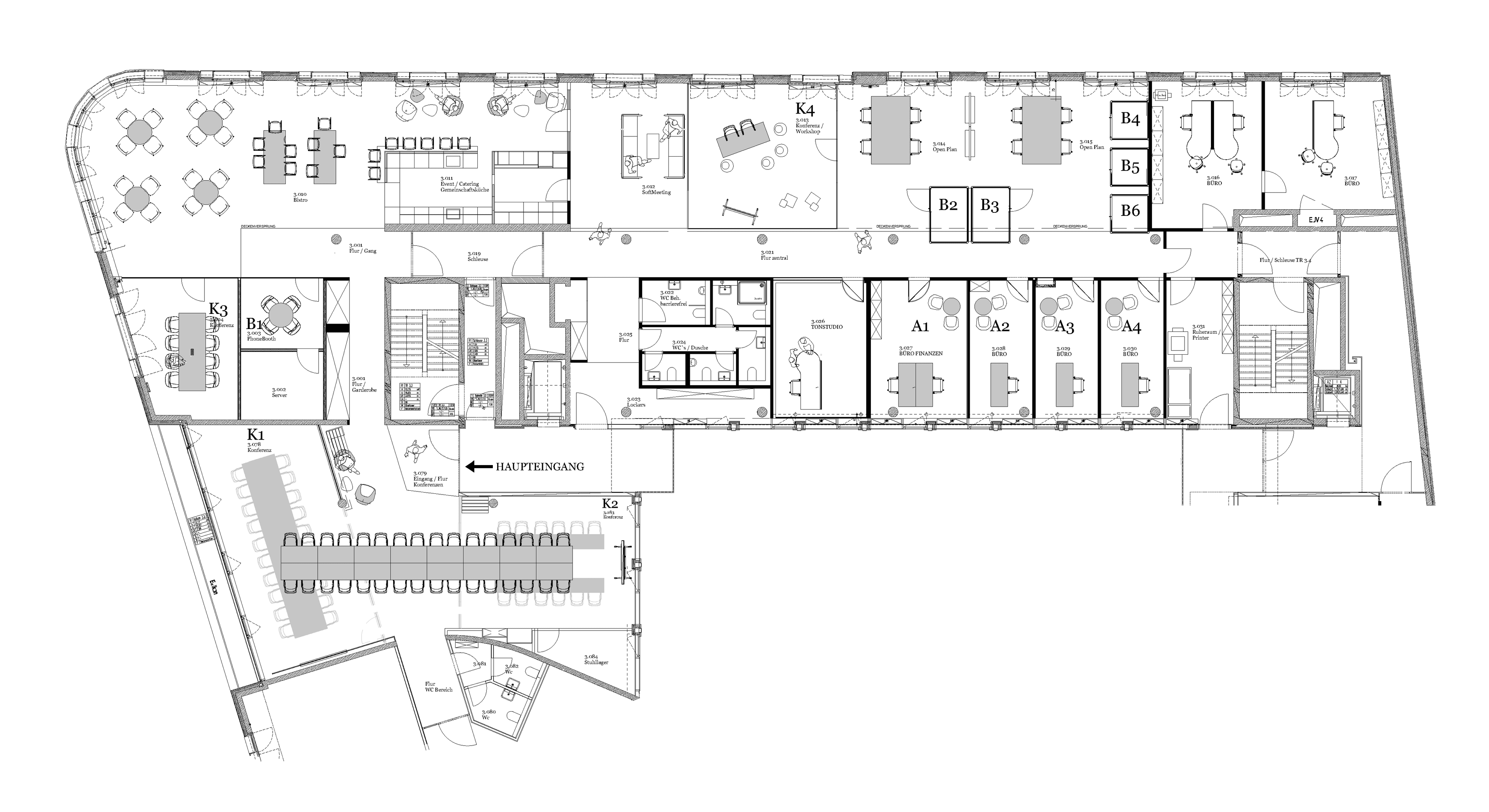 Grundriss der Bürofläche des TÜV Verband Berlin mit Zonierung in Konferenz-, Büro- und Gemeinschaftsbereiche sowie Haupteingang, Tonstudio und Open-Plan-Flächen, Planung und Innenarchitektur Susanne Philippson