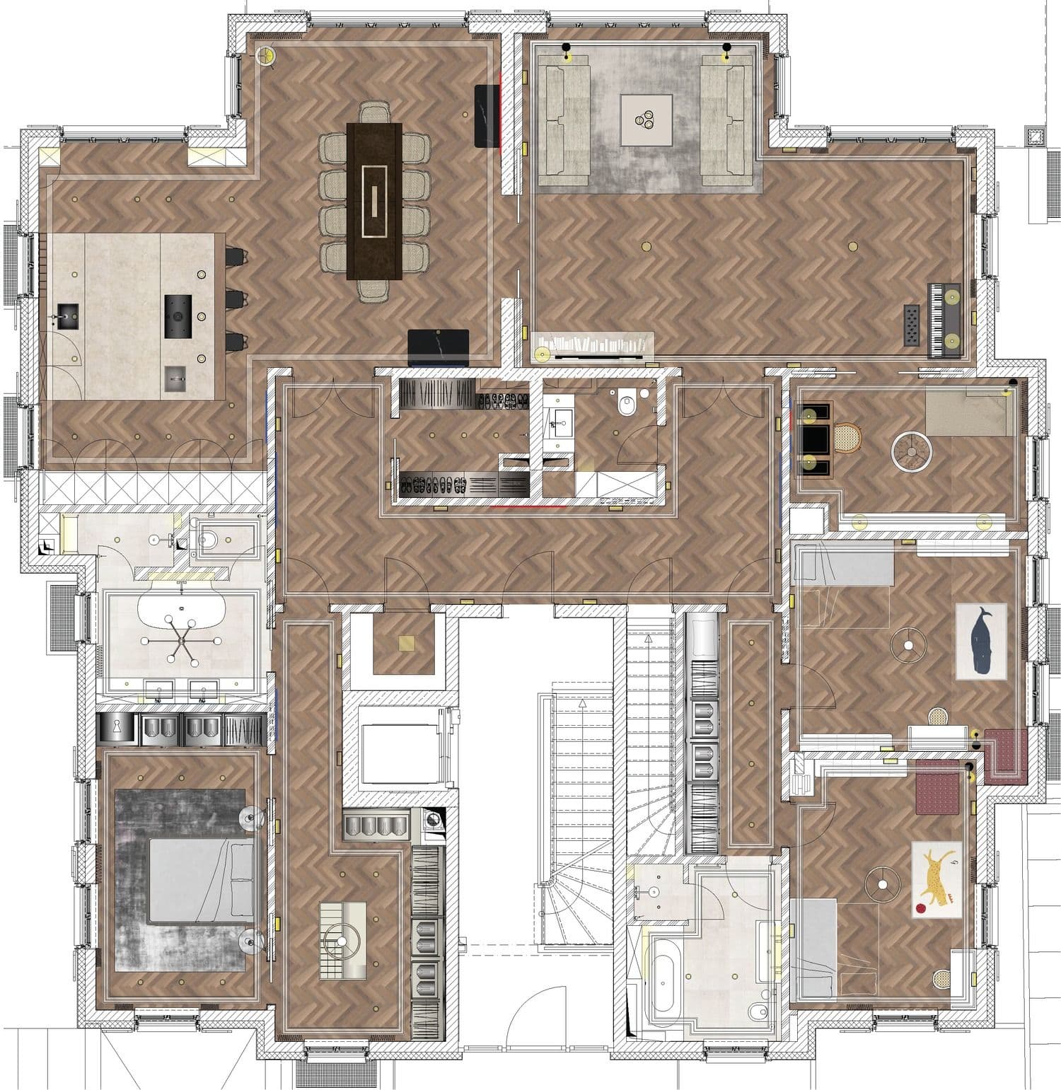 Farbiger Entwurfsgrundriss eines privaten Wohnhauses mit Fischgrätparkett, Schlaf-, Wohn- und Sanitärbereichen über mehrere Zimmer, Planung und Innenarchitektur Susanne Philippson