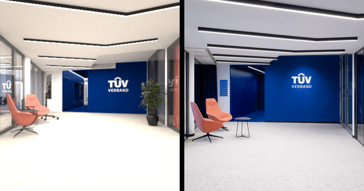 Entwurfsrendering des Empfangsbereichs im TÜV Verband Berlin mit blauer Markenwand, verglasten Besprechungsräumen, geometrischer Deckenbeleuchtung und lachsfarbenen Loungessesseln, Planung und Innenarchitektur Susanne Philippson