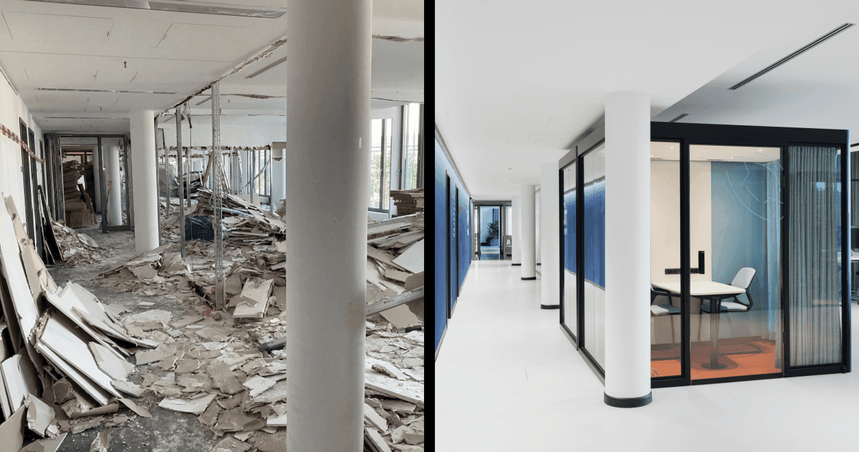 Vorher-Nachher-Aufnahme des Büroflurs im TÜV Verband Berlin, von leerem Rohbauzustand mit Abbruchmaterial zu fertigem Korridor mit blauer Wandverkleidung, weißem Gussasphaltboden und verglasten Besprechungsräumen, Innenarchitektur Susanne Philippson
