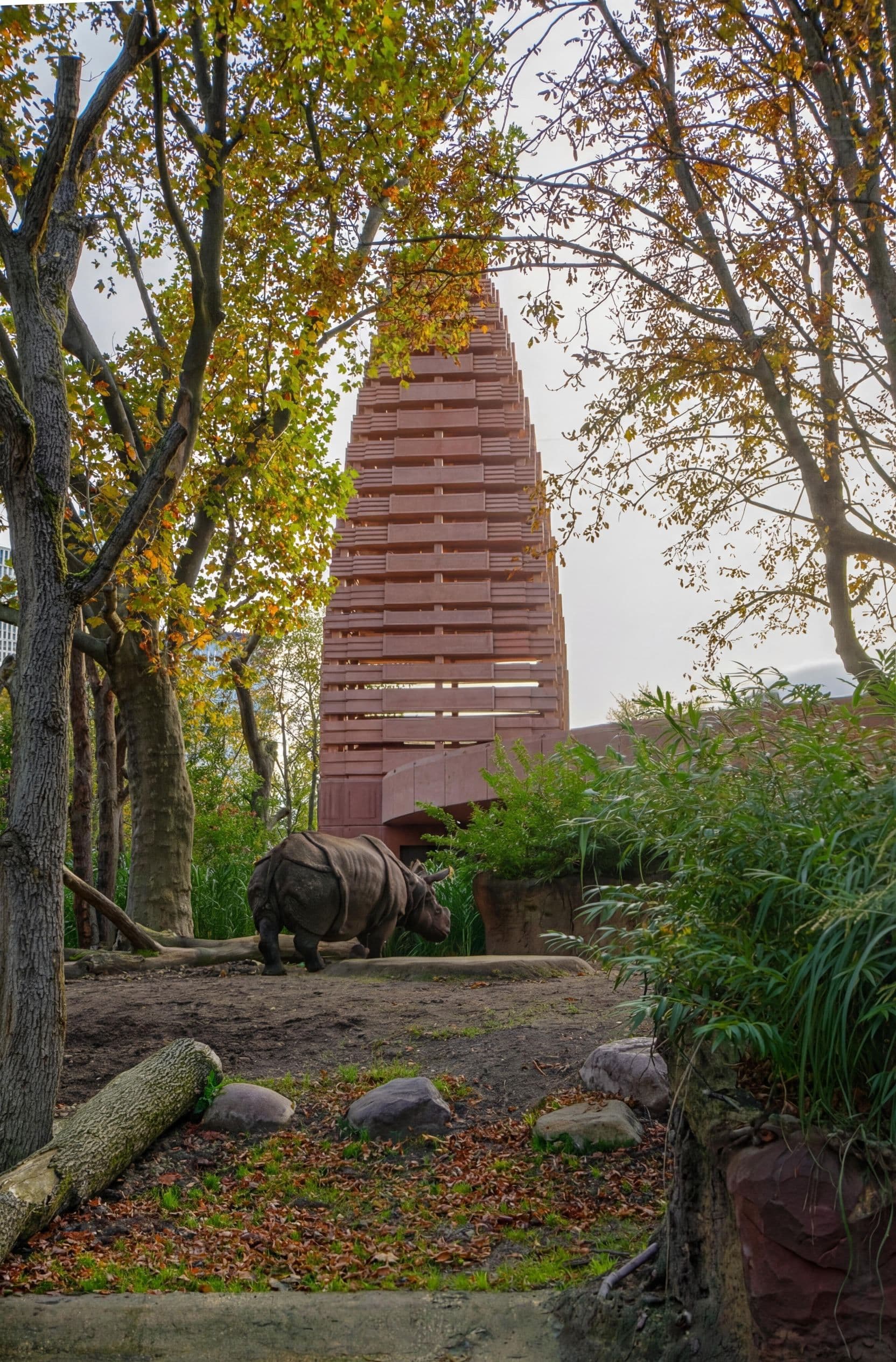 Außenanlage der Nashorn-Pagode im Berliner Zoo mit Nashorngehege und pagodenartigem Terrakottaturm im herbstlichen Baumbestand, Leuchtendesign Susanne Philippson