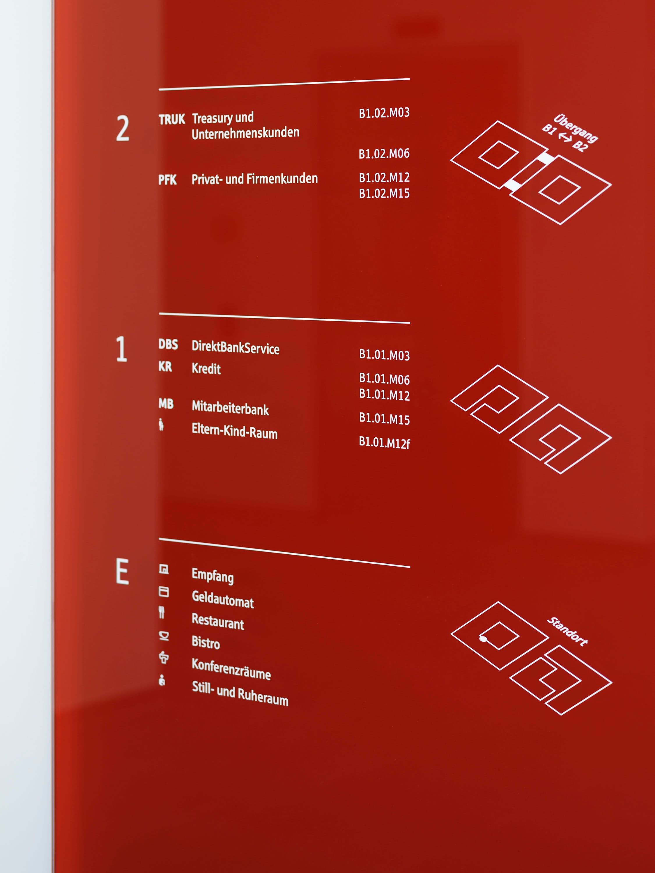 Eingangsbereich der Berliner Sparkasse Zentrale mit großformatigem Sparkassen-Logo auf perforierter Wandfolie, roter Orientierungsstele mit Geschossübersicht und geschwungener Lichtinstallation an der Decke, Signaletik Susanne Philippson